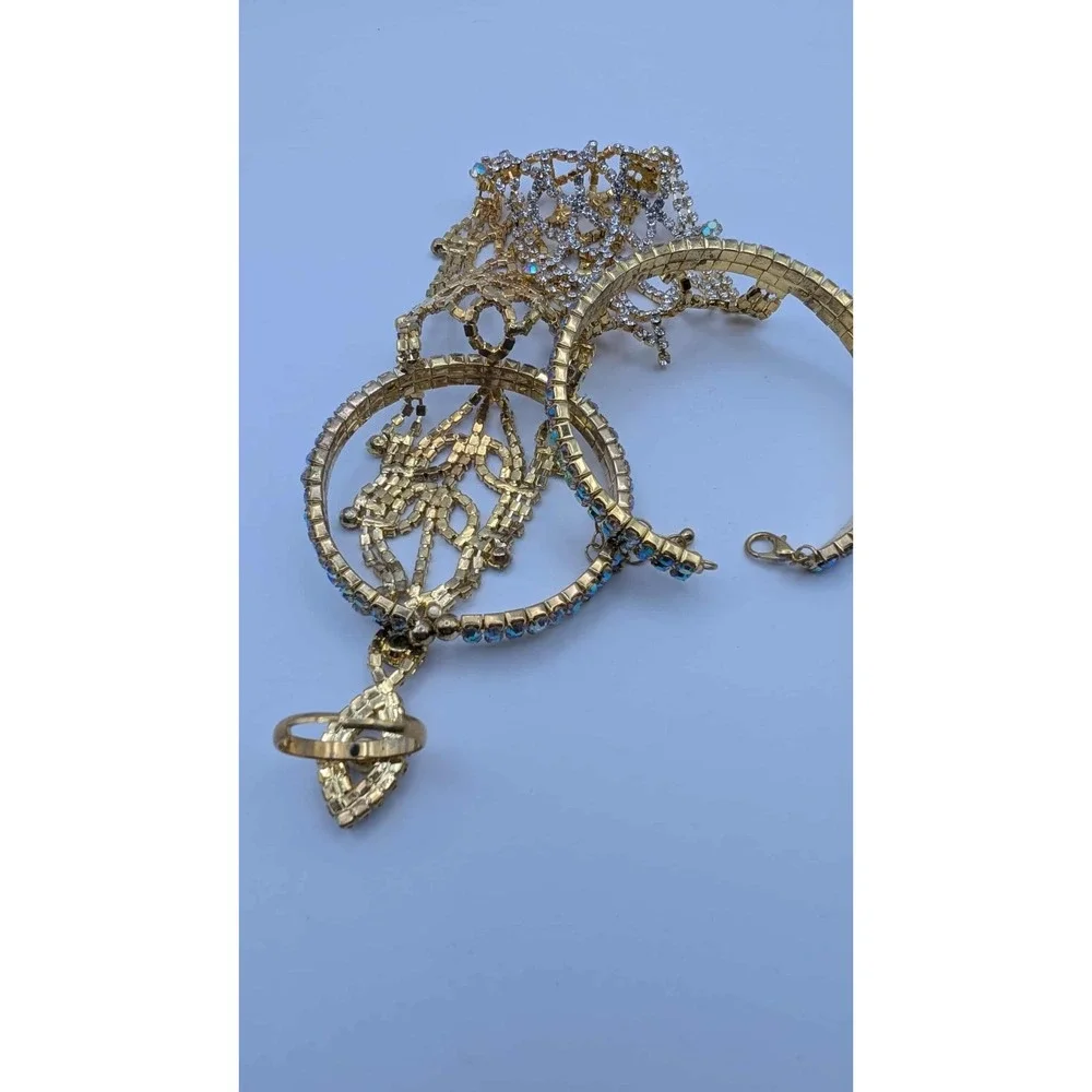 Adjustable Gold Toned‎ Ring To Cuff Bracelet With Rainbow Stone Accents